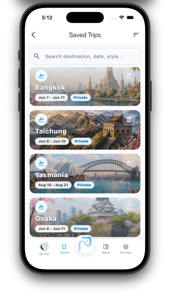 Saved Trips app screen preview
